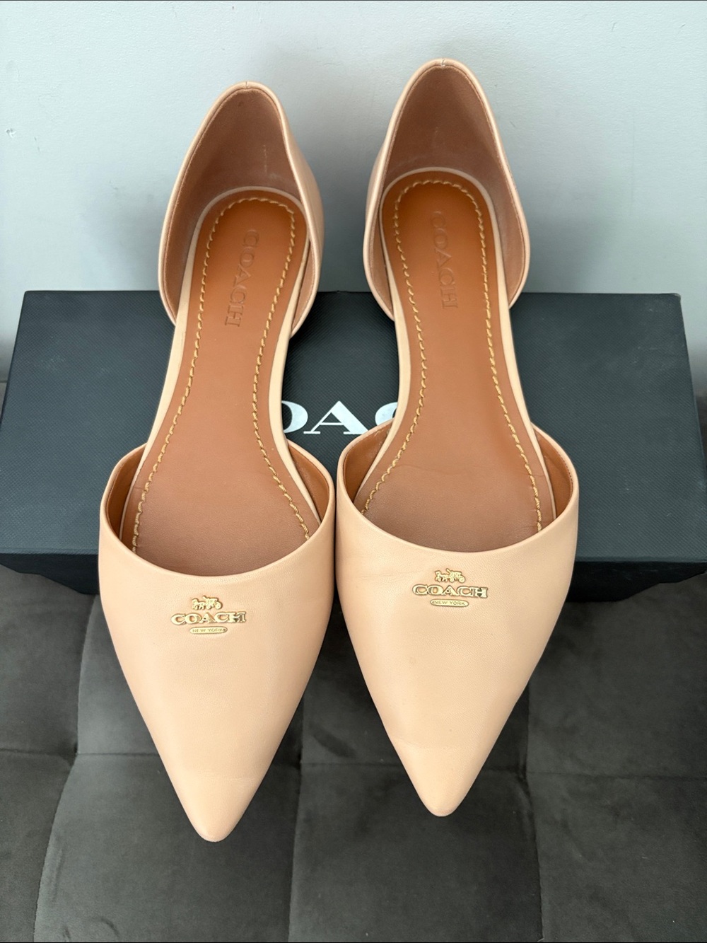 Coach Blush Pointed-Toe D'Orsay Flats with Gold Logo